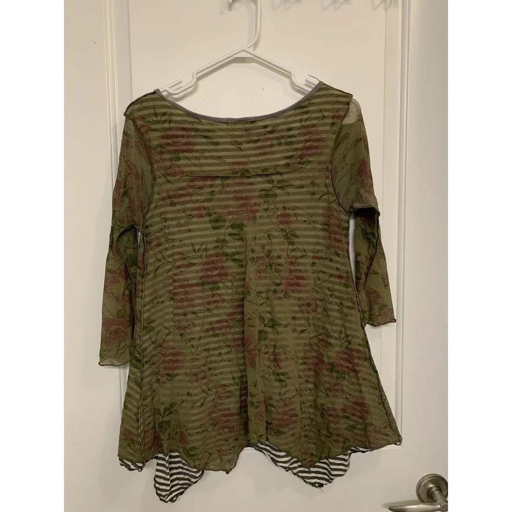 Madison & Lola Mesh Tunic Top Womens Medium Green Floral Striped Whimsigoth Boho - Picture 2 of 8